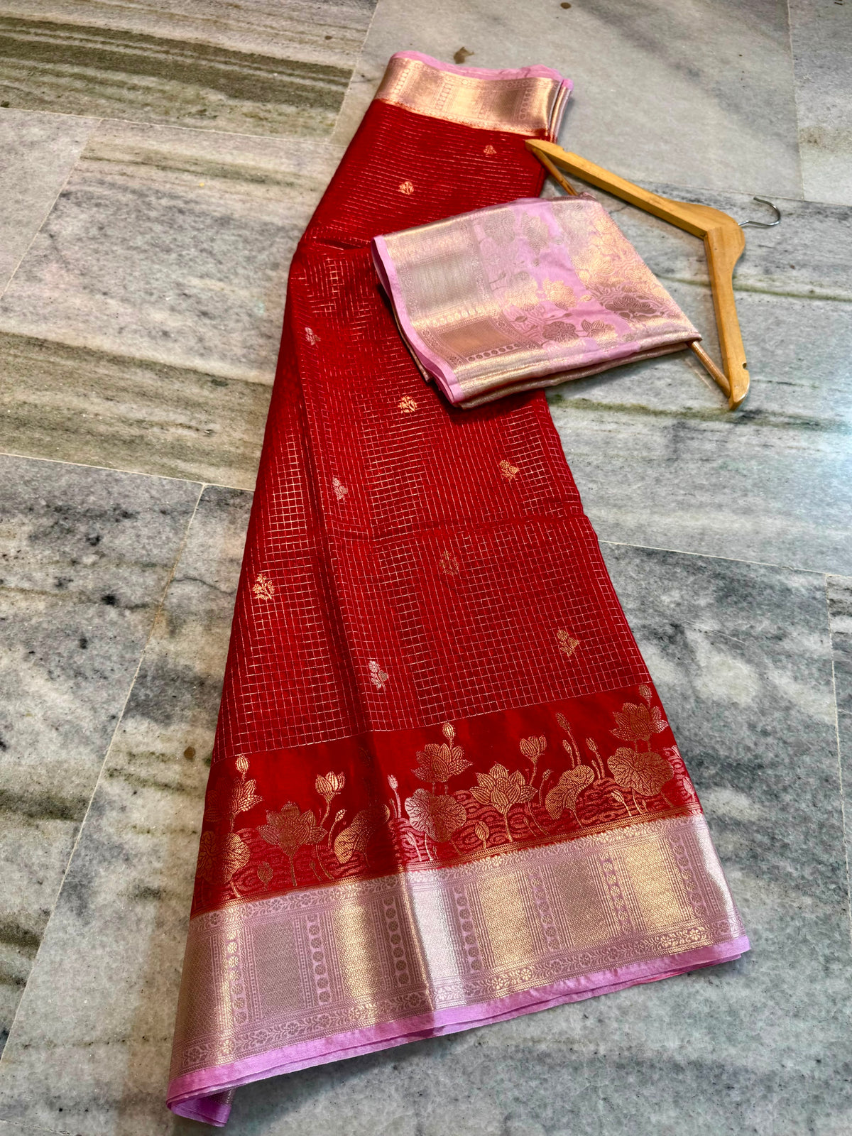 Red Katan Silk Saree with Pink Zari Border & Floral Weave | Traditional Indian Saree