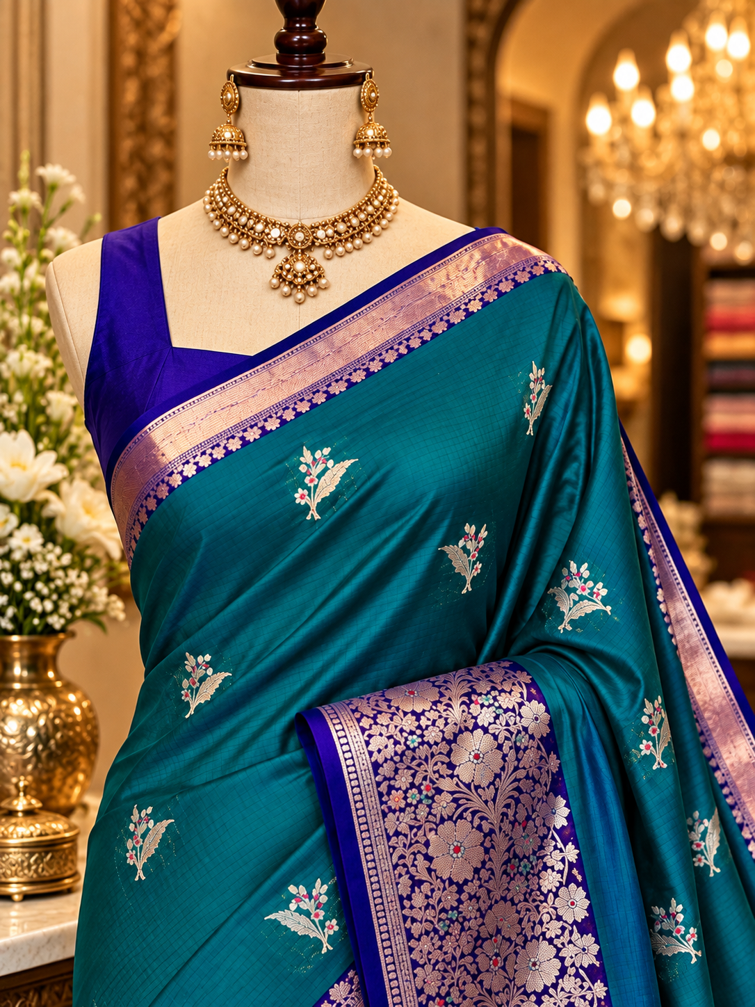 Katan Silk Saree for Women | Teal Blue Saree with Rich Zari Floral Border | Elegant Traditional Party Wear Saree