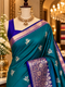 Katan Silk Saree for Women | Teal Blue Saree with Rich Zari Floral Border | Elegant Traditional Party Wear Saree