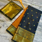 Black & Copper Orange Soft Tissue Saree with Gold Zari Floral Border | Festive & Wedding Saree
