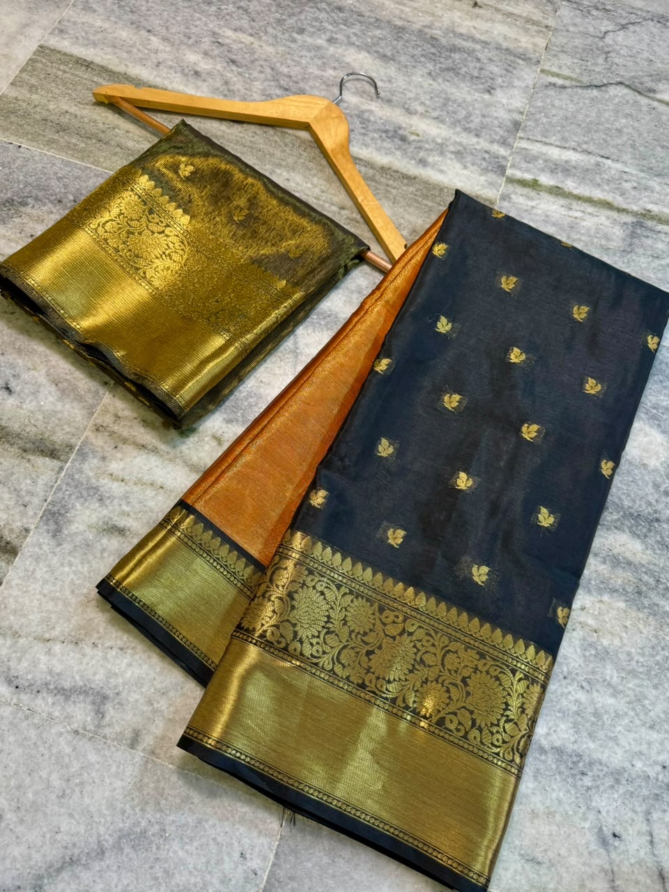Black & Copper Orange Soft Tissue Saree with Gold Zari Floral Border | Festive & Wedding Saree