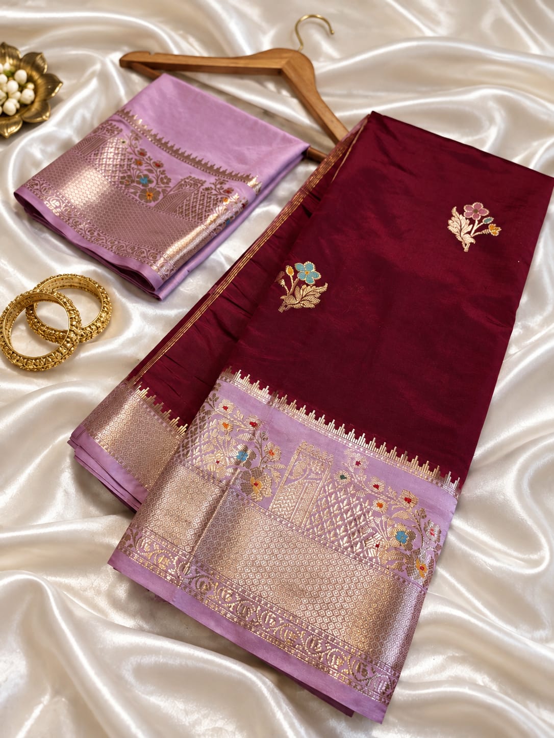 Wine Maroon Banarasi Silk Saree with Lavender Zari Border & Floral Buti