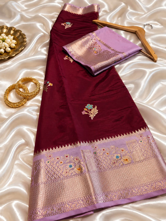 Wine Maroon Banarasi Silk Saree with Lavender Zari Border & Floral Buti