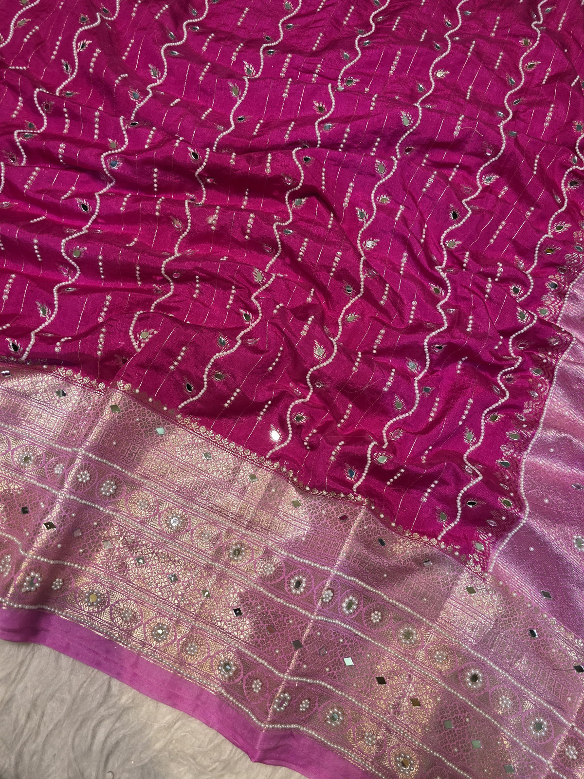 Pink Chinya Silk Saree with Mirror & Pearl Work | Designer Festive Saree