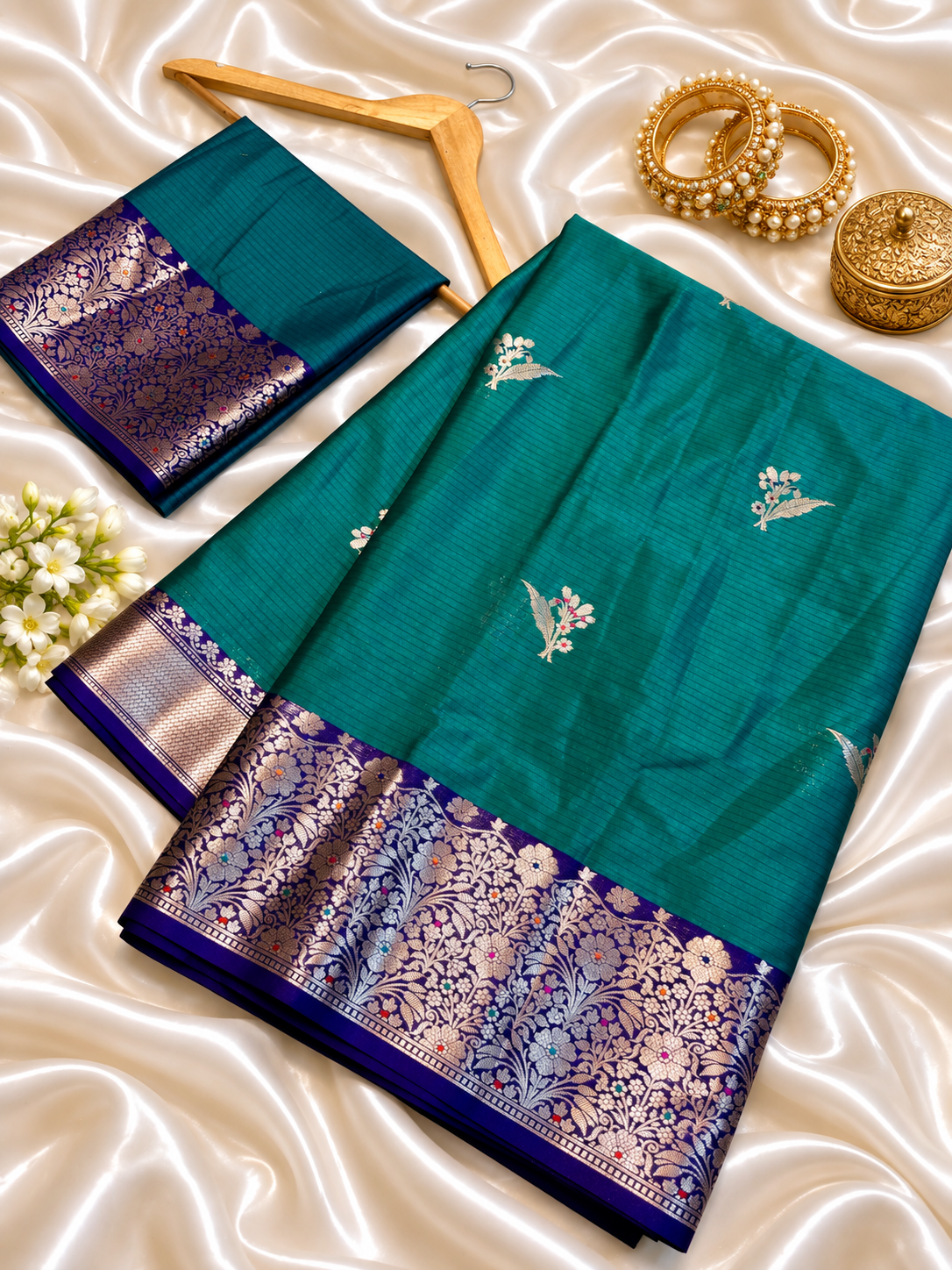 Katan Silk Saree for Women | Teal Blue Saree with Rich Zari Floral Border | Elegant Traditional Party Wear Saree