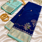 Royal Blue Katan Silk Saree with Mint Green Zari Border & Floral Buti Work | Contrast Blouse | Wedding Festive Saree