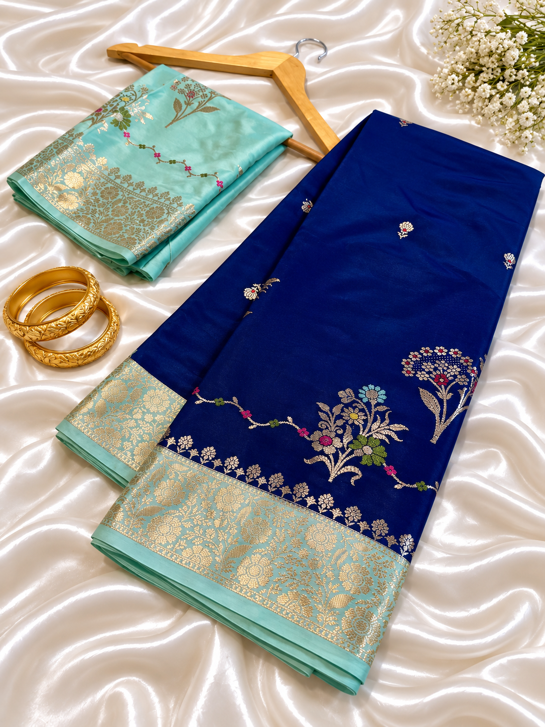 Royal Blue Katan Silk Saree with Mint Green Zari Border & Floral Buti Work | Contrast Blouse | Wedding Festive Saree