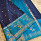 Royal Navy Blue & Sky Blue Soft Silk Saree with Floral Zari Border