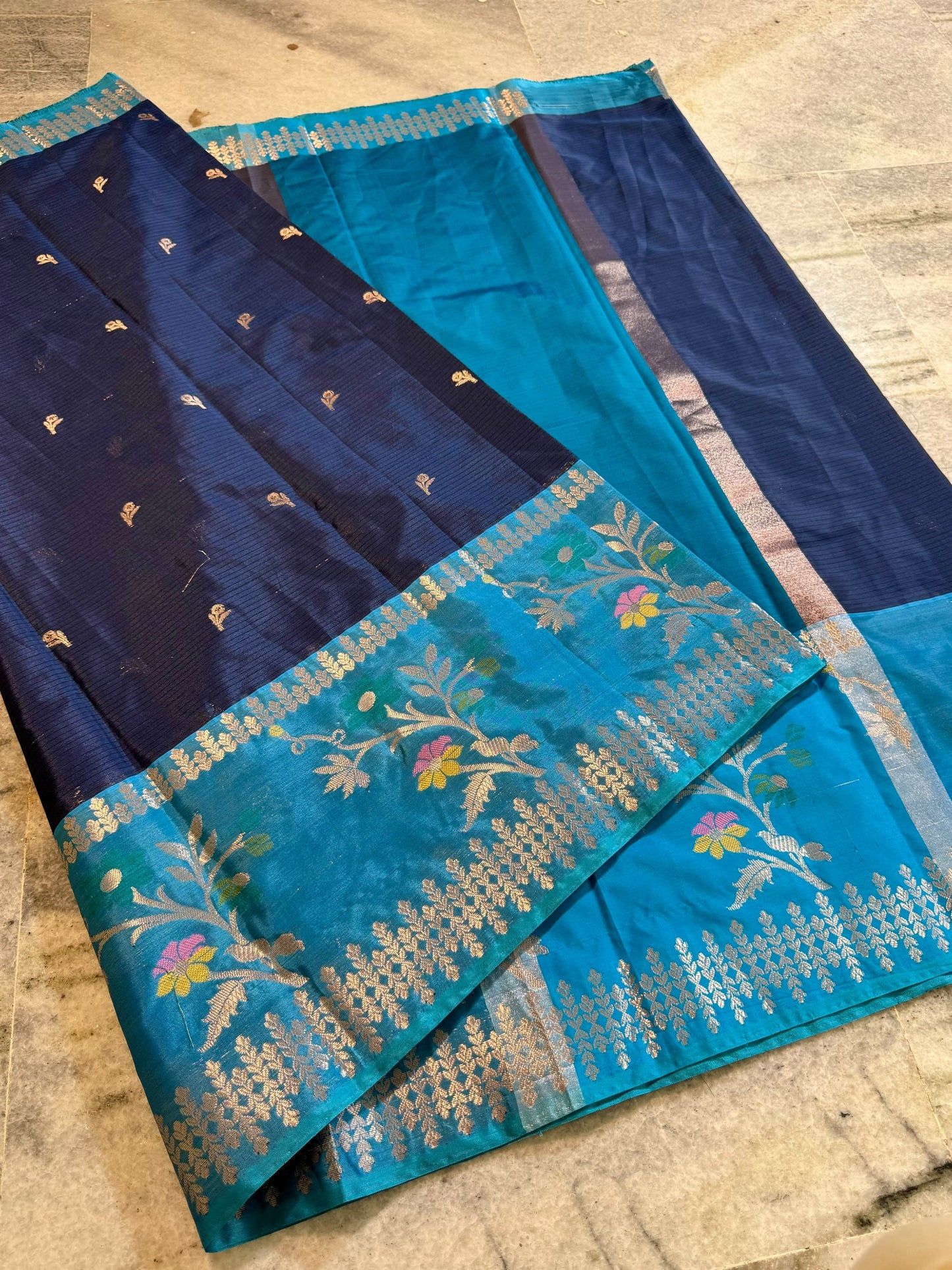 Royal Navy Blue & Sky Blue Soft Silk Saree with Floral Zari Border