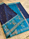 Royal Navy Blue & Sky Blue Soft Silk Saree with Floral Zari Border