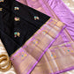 Black Silk Saree With Lavender Zari Border  & Floral Butta