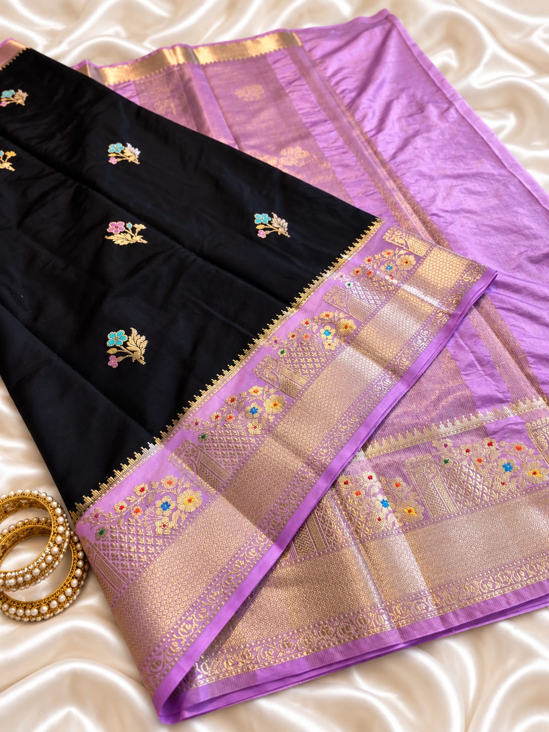 Black Silk Saree With Lavender Zari Border  & Floral Butta
