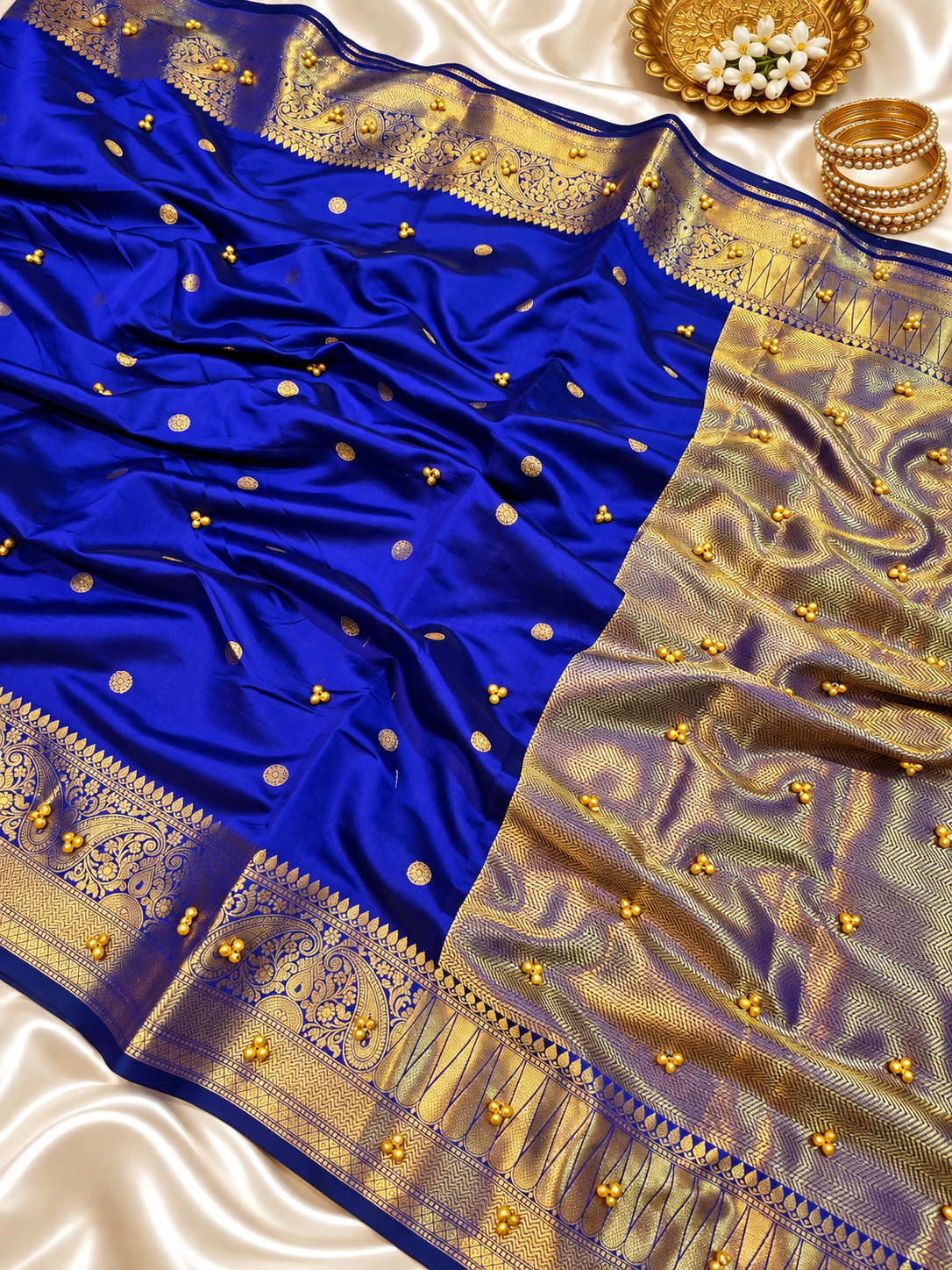 Royal Blue Katan Silk Buti Saree with Ghungroo Work & Rich Golden Zari Border | Traditional Wedding & Festive Saree