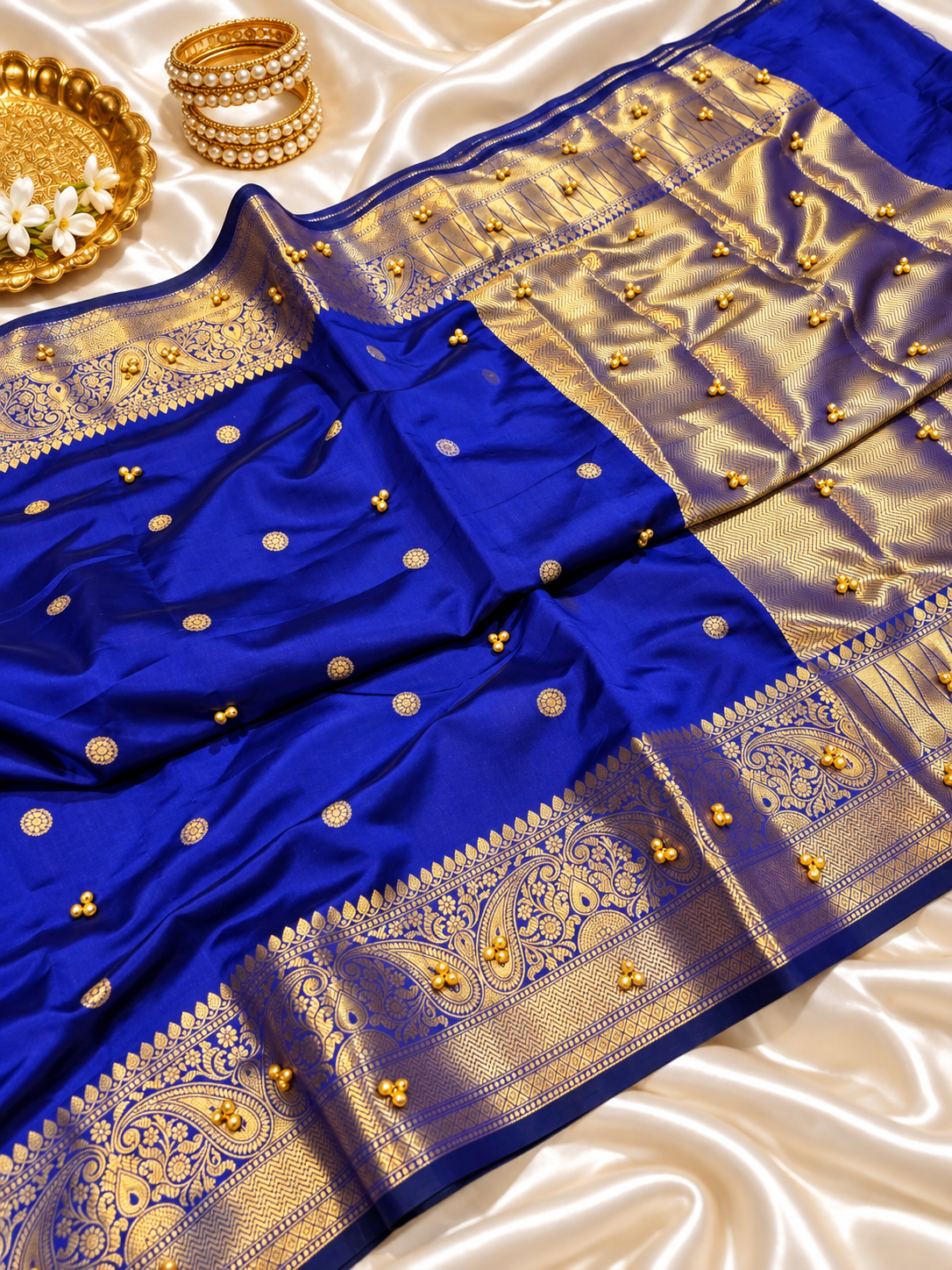 Royal Blue Katan Silk Buti Saree with Ghungroo Work & Rich Golden Zari Border | Traditional Wedding & Festive Saree
