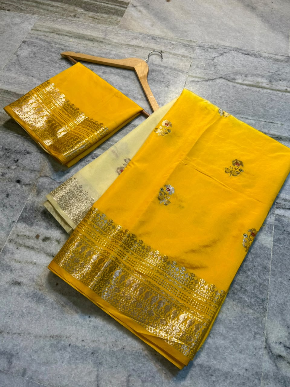 Raw Mango Cream and Yellow Silk Saree | Festive Silk Saree with Zari Border