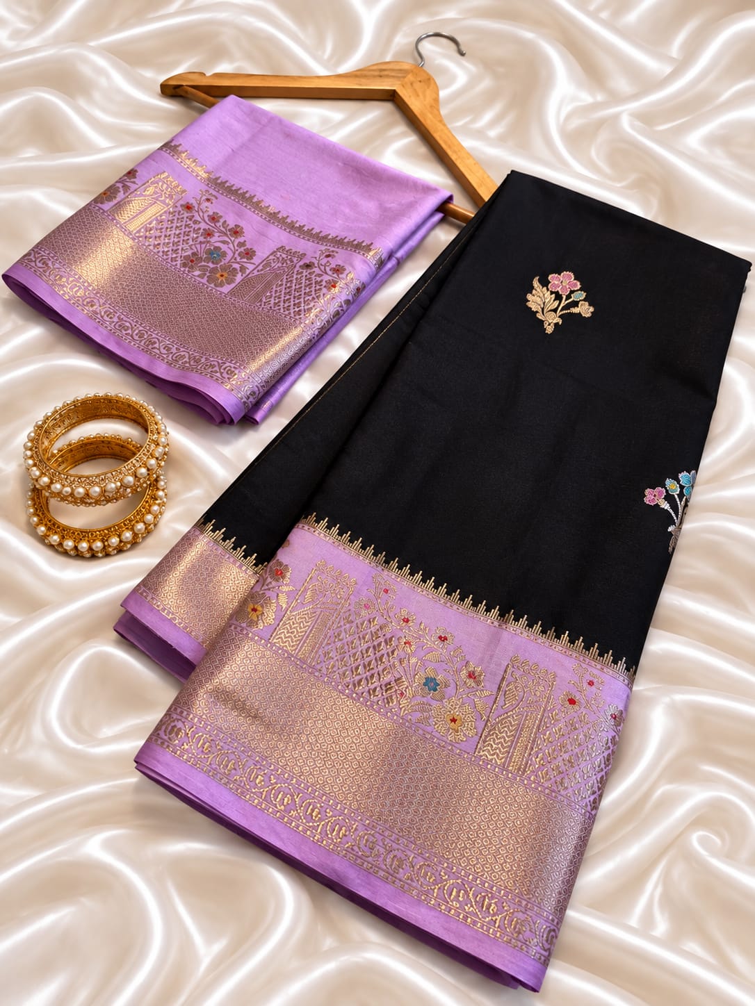 Black Silk Saree With Lavender Zari Border  & Floral Butta