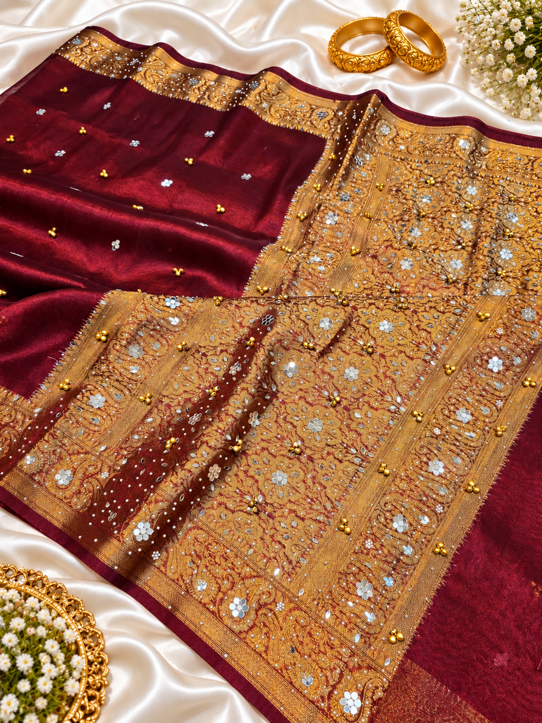 Maroon Tissue Silk Saree with Ghungroo, Mirror & Moti Work | Rich Golden Zari Designer Saree for Wedding & Festive Wear