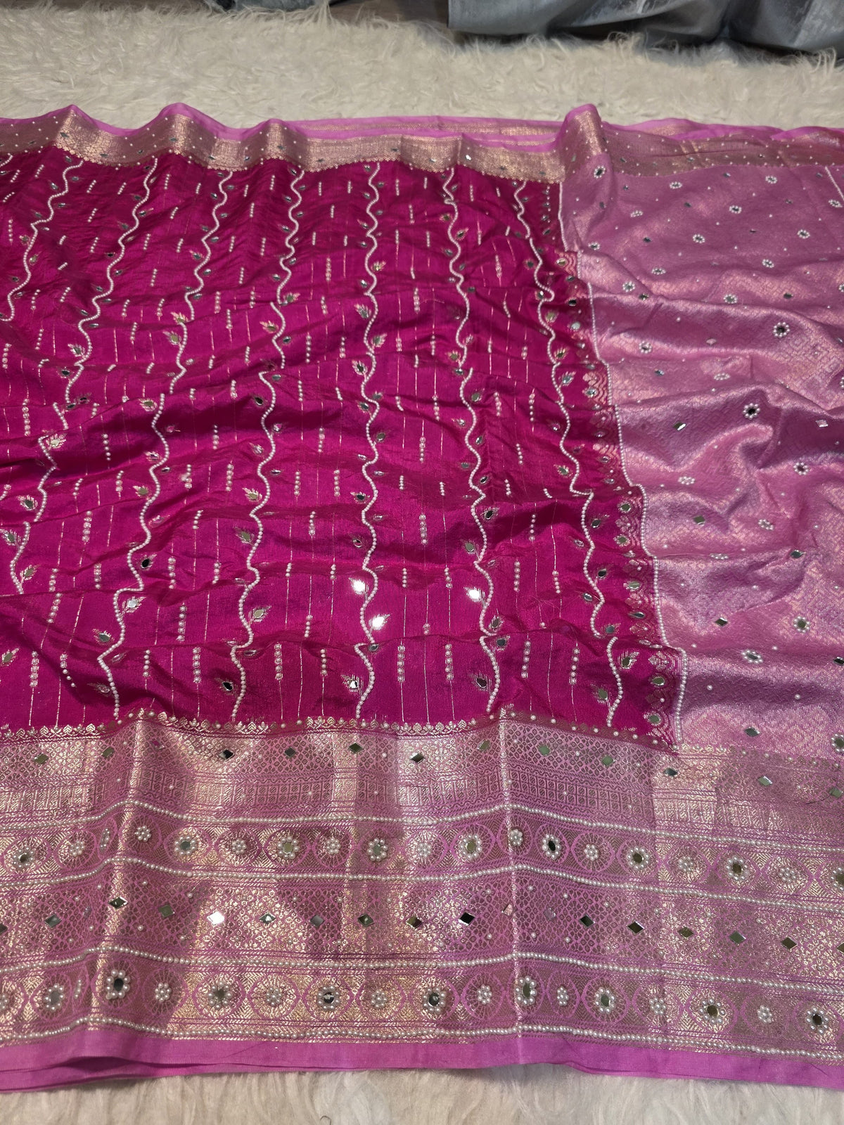 Pink Chinya Silk Saree with Mirror & Pearl Work | Designer Festive Saree