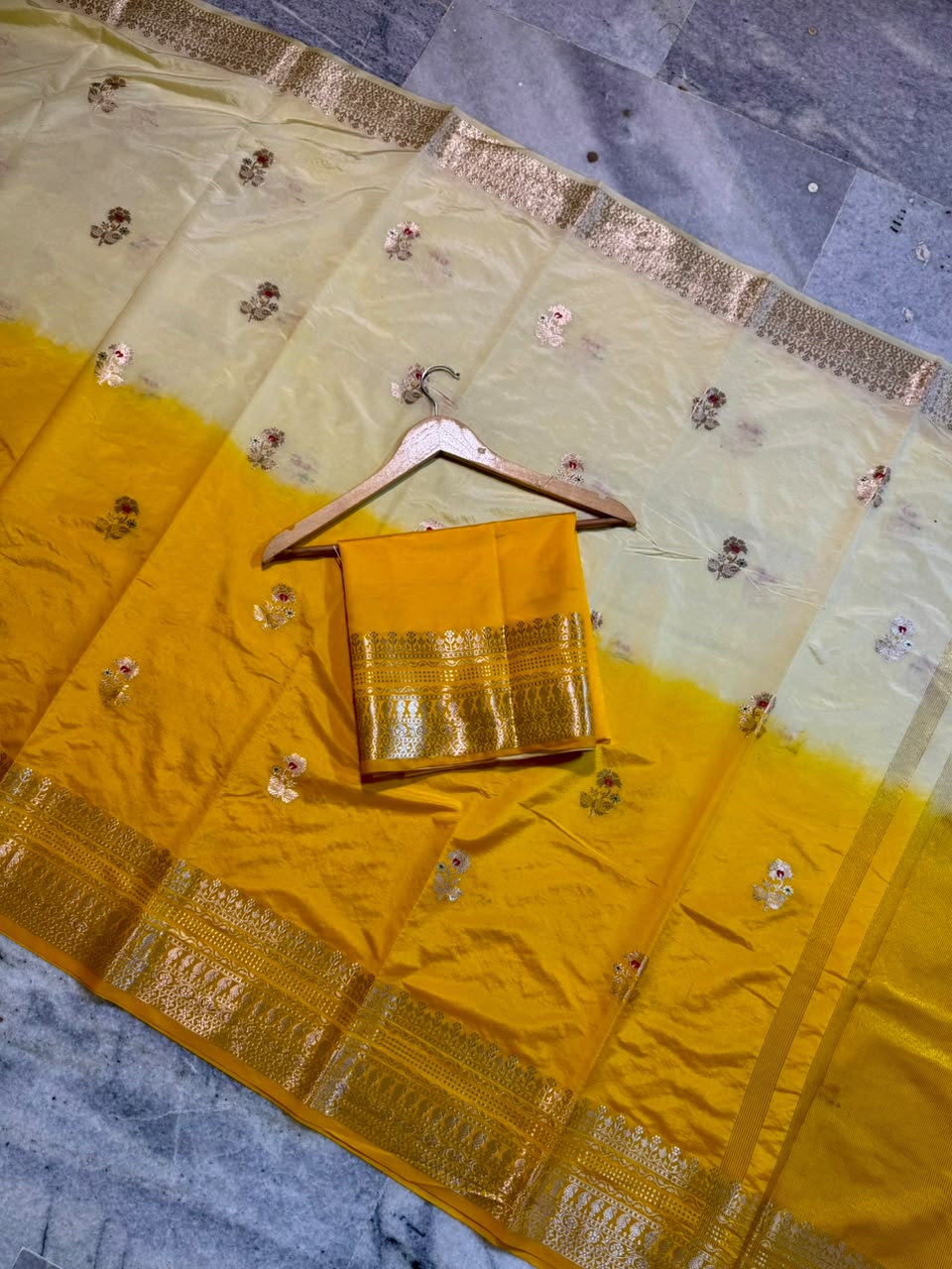 Raw Mango Cream and Yellow Silk Saree | Festive Silk Saree with Zari Border