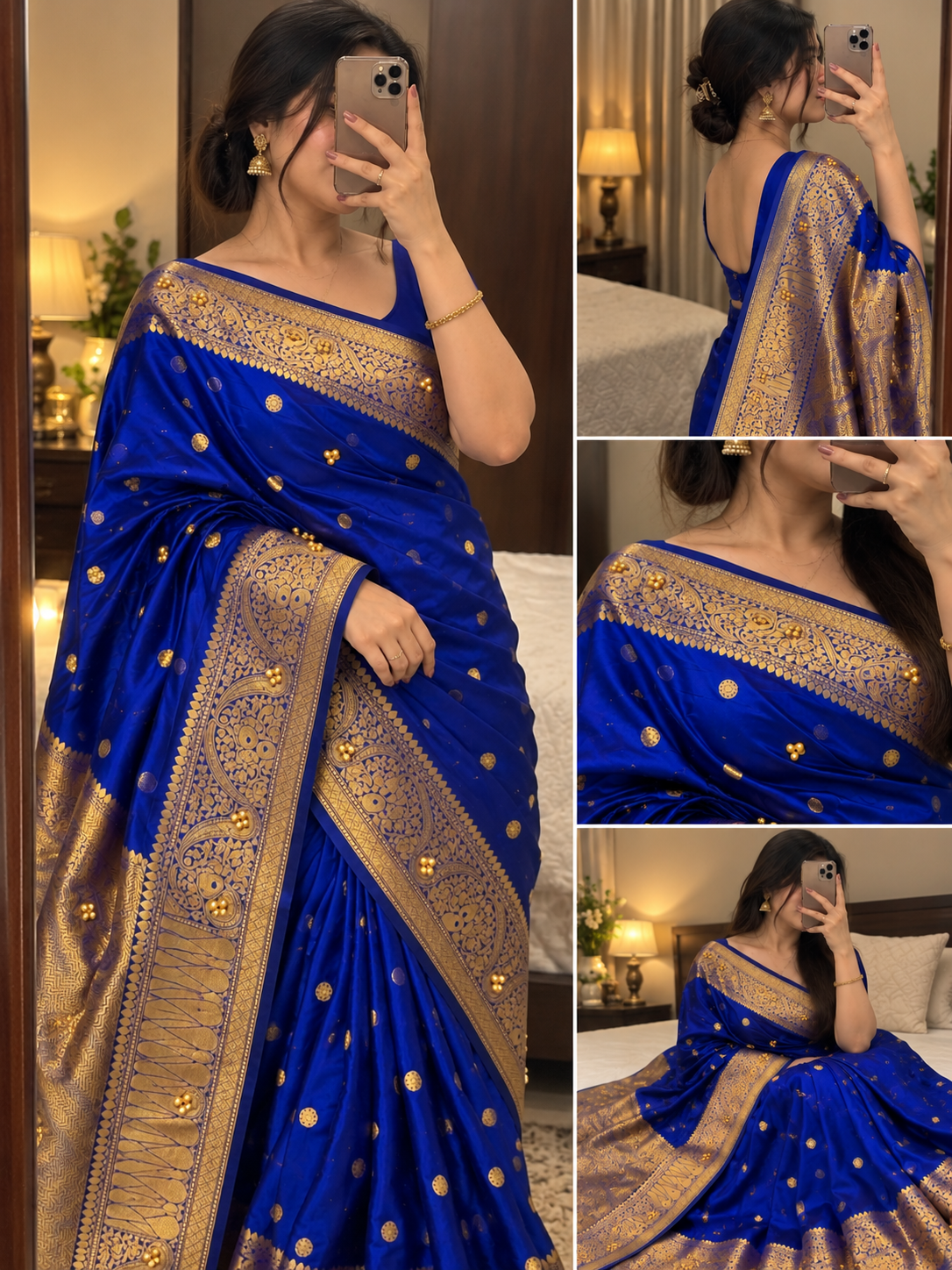 Royal Blue Katan Silk Buti Saree with Ghungroo Work & Rich Golden Zari Border | Traditional Wedding & Festive Saree