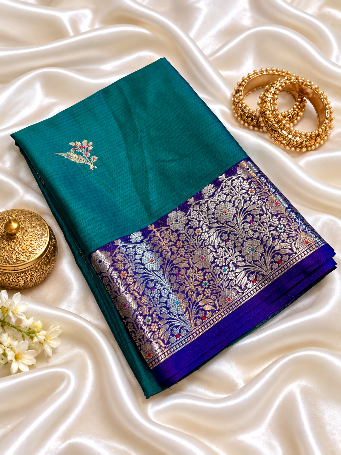 Katan Silk Saree for Women | Teal Blue Saree with Rich Zari Floral Border | Elegant Traditional Party Wear Saree