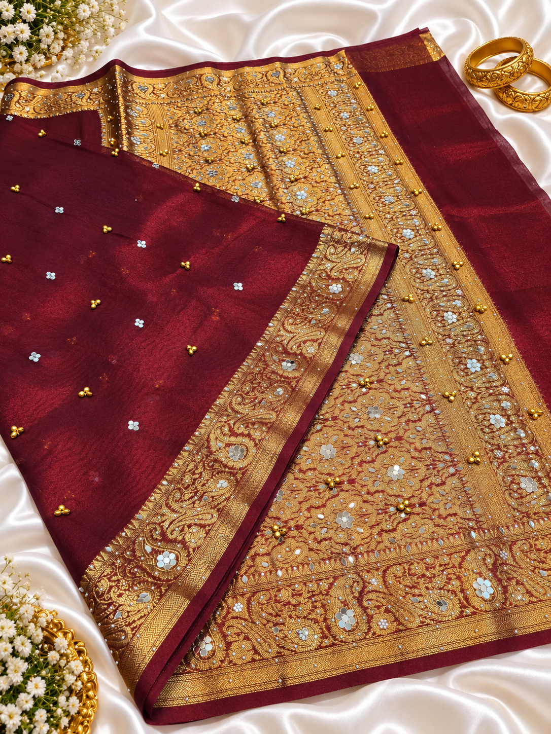 Maroon Tissue Silk Saree with Ghungroo, Mirror & Moti Work | Rich Golden Zari Designer Saree for Wedding & Festive Wear