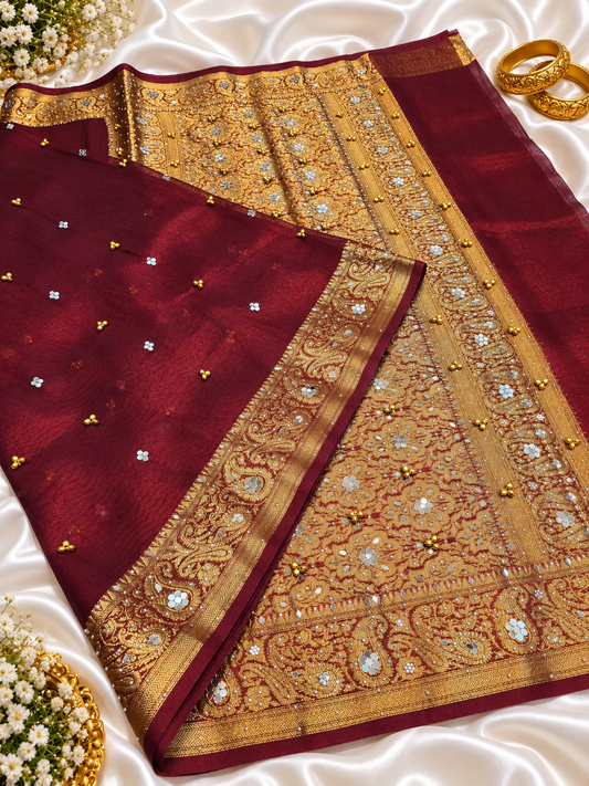 Maroon Tissue Silk Saree with Ghungroo, Mirror & Moti Work | Rich Golden Zari Designer Saree for Wedding & Festive Wear