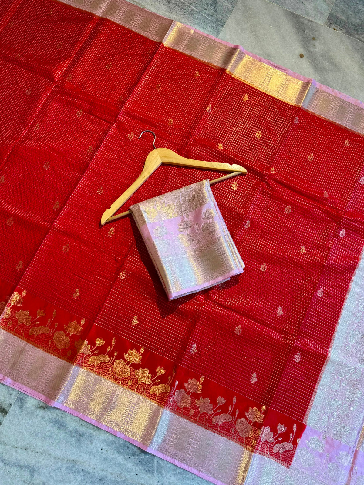 Red Katan Silk Saree with Pink Zari Border & Floral Weave | Traditional Indian Saree