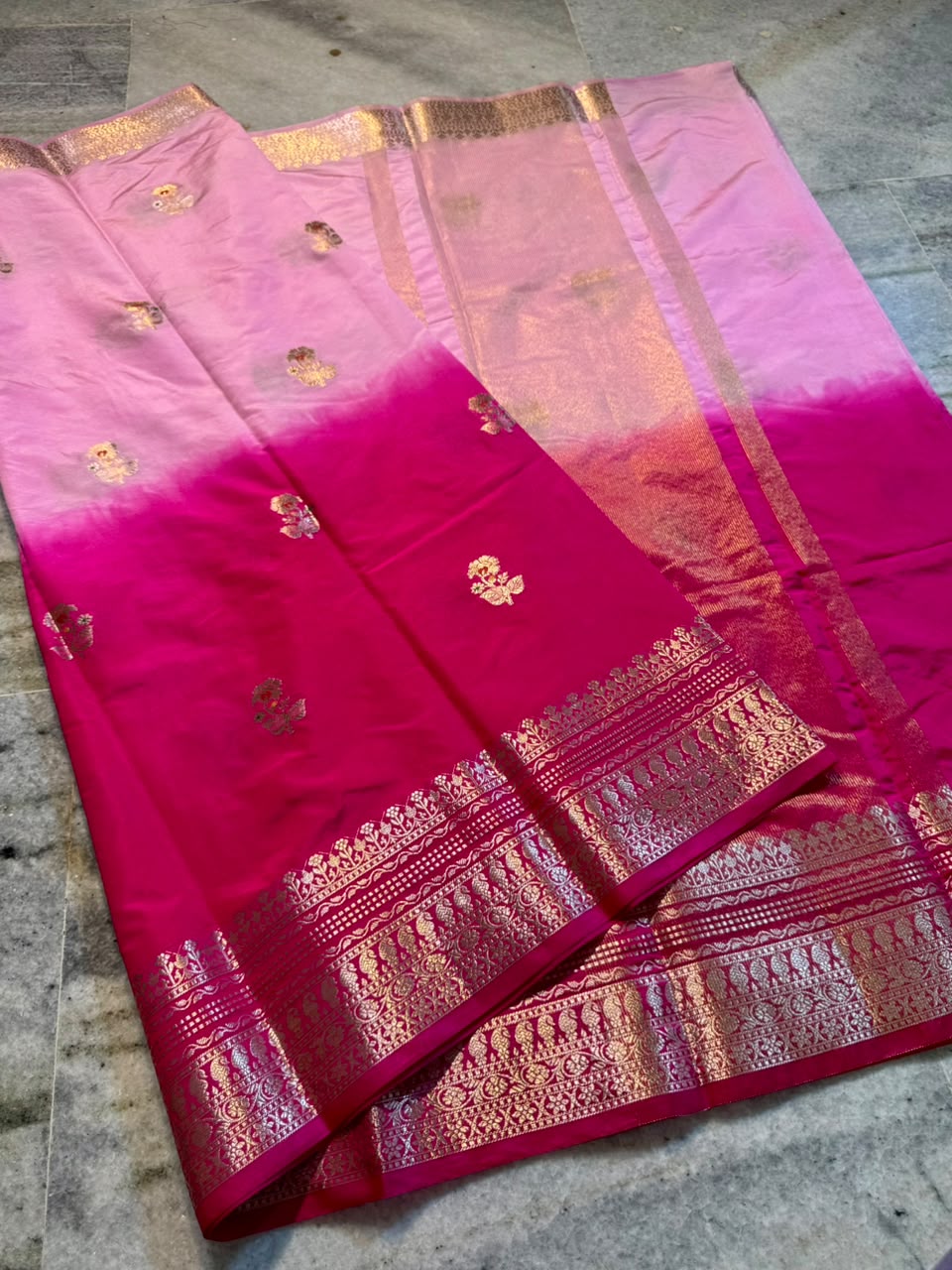 Raw Mango Baby Pink and Rani Pink Silk Saree | Festive Dual Tone Zari Border Saree