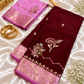Wine Katan Silk Saree with Rani Pink Golden Zari Border & Floral Work | Contrast Blouse | Wedding Festive Saree