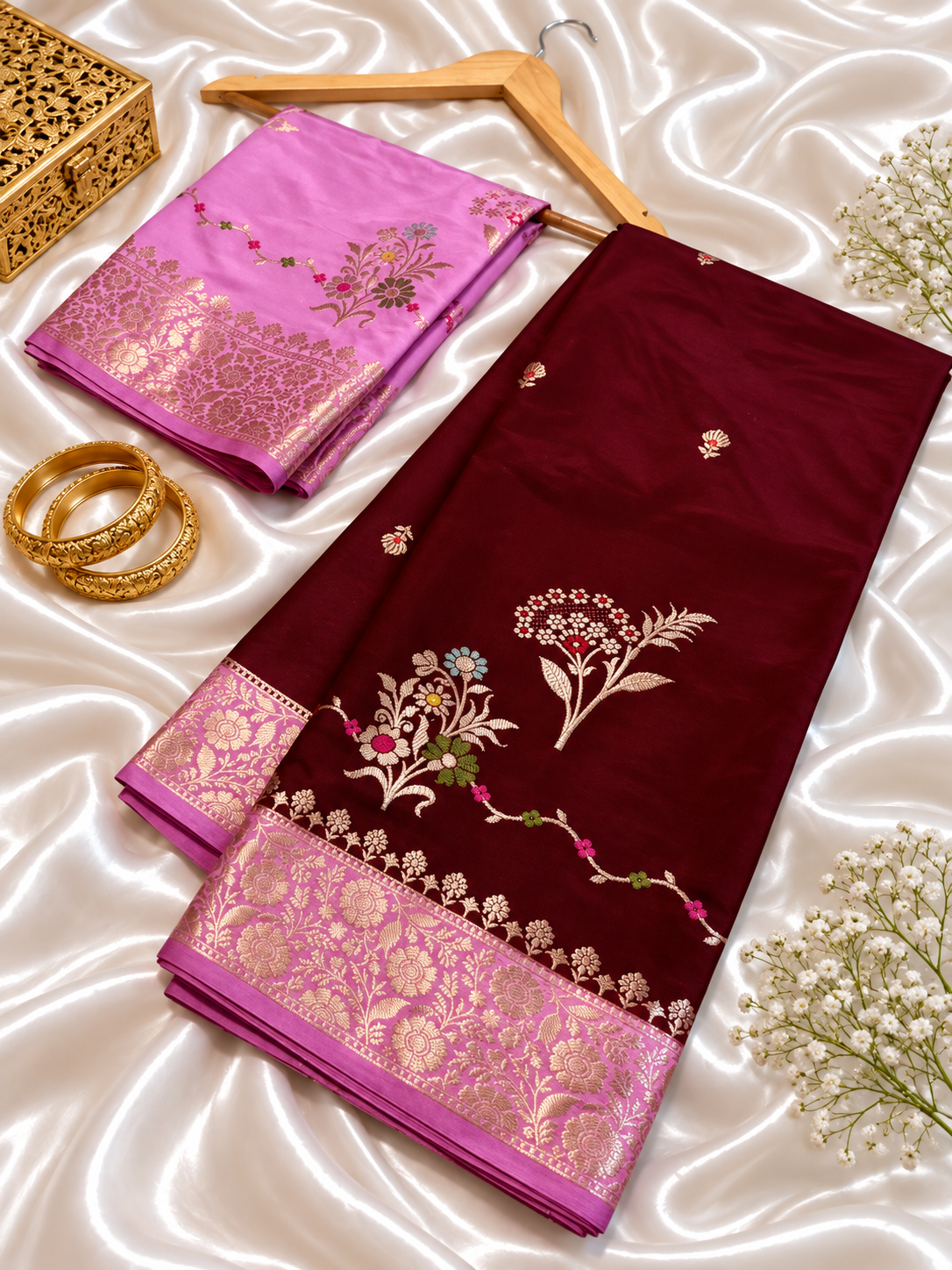 Wine Katan Silk Saree with Rani Pink Golden Zari Border & Floral Work | Contrast Blouse | Wedding Festive Saree