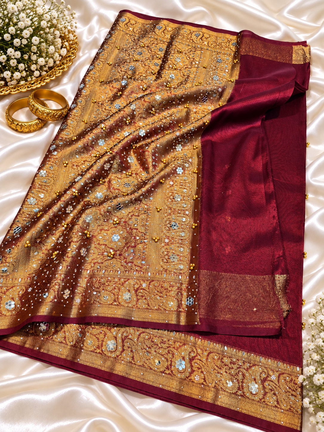 Maroon Tissue Silk Saree with Ghungroo, Mirror & Moti Work | Rich Golden Zari Designer Saree for Wedding & Festive Wear