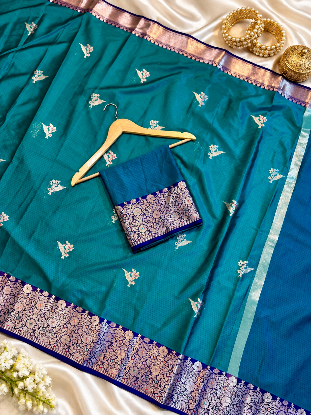 Katan Silk Saree for Women | Teal Blue Saree with Rich Zari Floral Border | Elegant Traditional Party Wear Saree