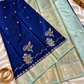 Royal Blue Katan Silk Saree with Mint Green Zari Border & Floral Buti Work | Contrast Blouse | Wedding Festive Saree