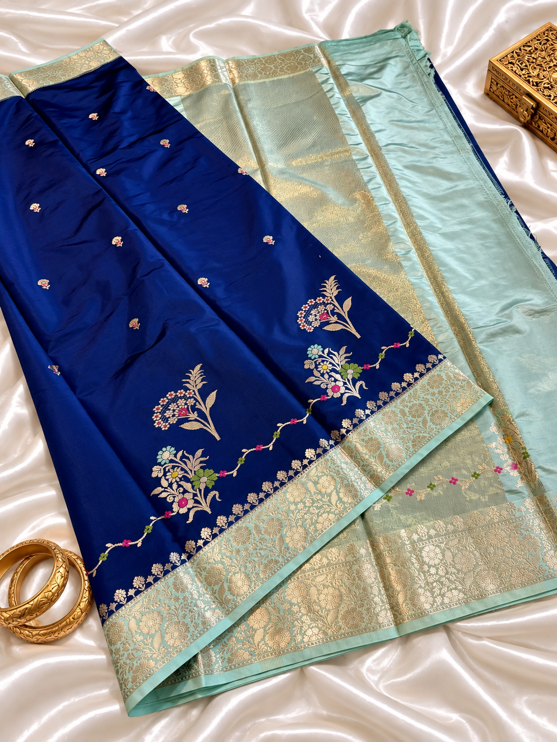 Royal Blue Katan Silk Saree with Mint Green Zari Border & Floral Buti Work | Contrast Blouse | Wedding Festive Saree