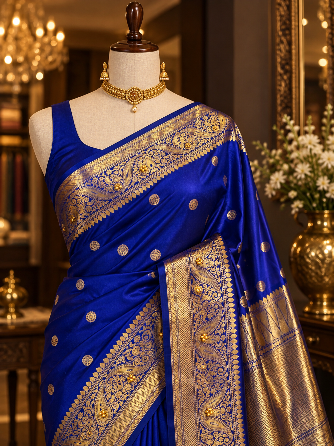 Royal Blue Katan Silk Buti Saree with Ghungroo Work & Rich Golden Zari Border | Traditional Wedding & Festive Saree