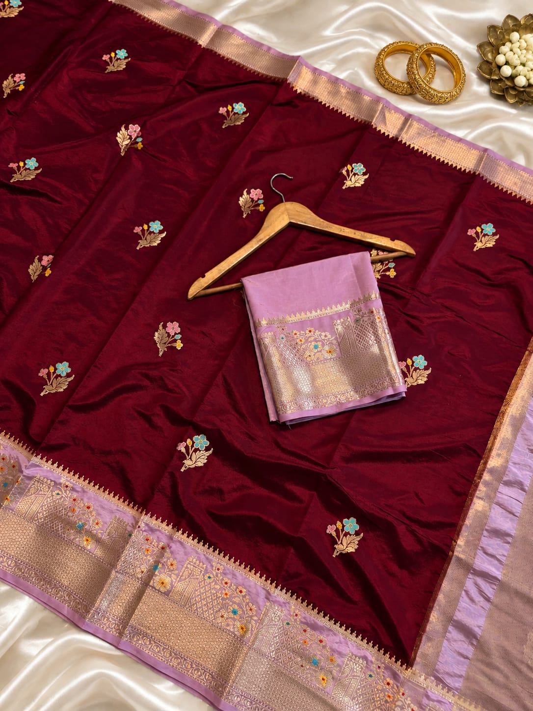Wine Maroon Banarasi Silk Saree with Lavender Zari Border & Floral Buti