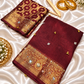Maroon Tissue Silk Saree with Ghungroo, Mirror & Moti Work | Rich Golden Zari Designer Saree for Wedding & Festive Wear