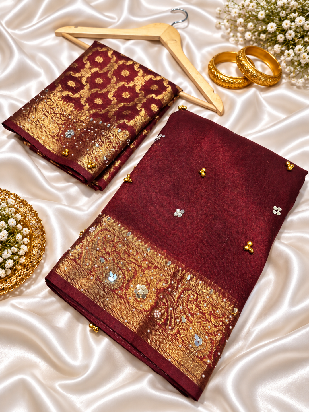 Maroon Tissue Silk Saree with Ghungroo, Mirror & Moti Work | Rich Golden Zari Designer Saree for Wedding & Festive Wear