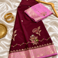 Wine Katan Silk Saree with Rani Pink Golden Zari Border & Floral Work | Contrast Blouse | Wedding Festive Saree