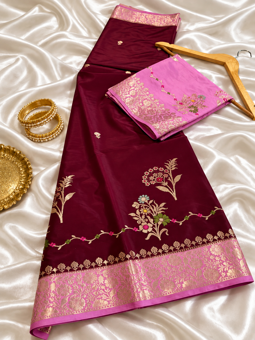 Wine Katan Silk Saree with Rani Pink Golden Zari Border & Floral Work | Contrast Blouse | Wedding Festive Saree