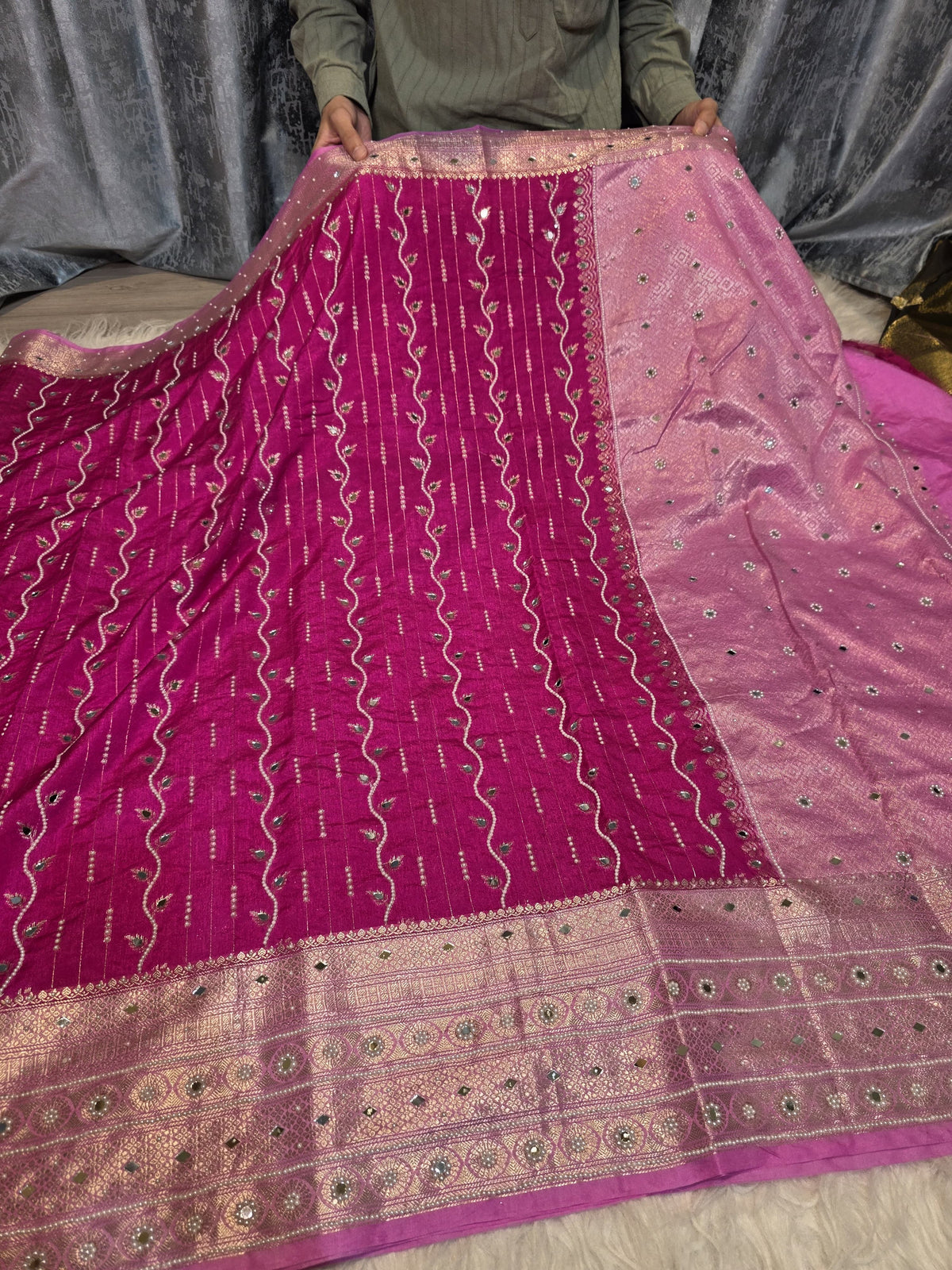 Pink Chinya Silk Saree with Mirror & Pearl Work | Designer Festive Saree