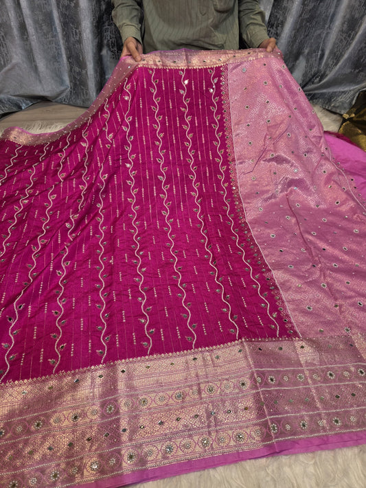 Pink Chinya Silk Saree with Mirror & Pearl Work | Designer Festive Saree