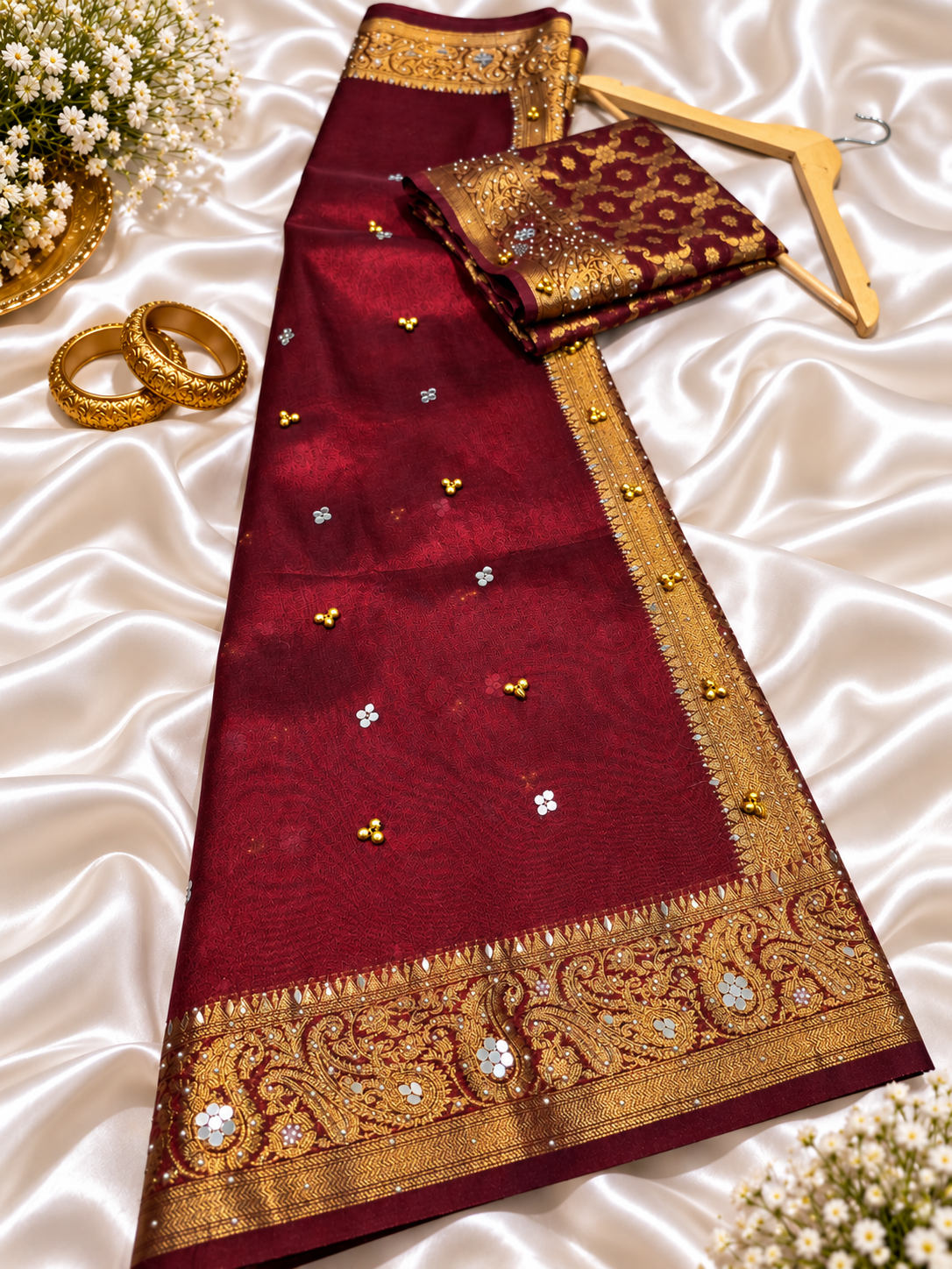Maroon Tissue Silk Saree with Ghungroo, Mirror & Moti Work | Rich Golden Zari Designer Saree for Wedding & Festive Wear