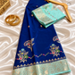 Royal Blue Katan Silk Saree with Mint Green Zari Border & Floral Buti Work | Contrast Blouse | Wedding Festive Saree