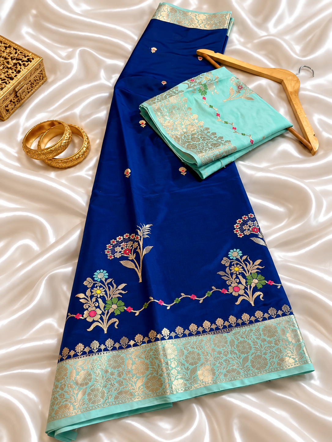 Royal Blue Katan Silk Saree with Mint Green Zari Border & Floral Buti Work | Contrast Blouse | Wedding Festive Saree
