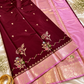 Wine Katan Silk Saree with Rani Pink Golden Zari Border & Floral Work | Contrast Blouse | Wedding Festive Saree