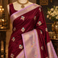 Wine Maroon Banarasi Silk Saree with Lavender Zari Border & Floral Buti