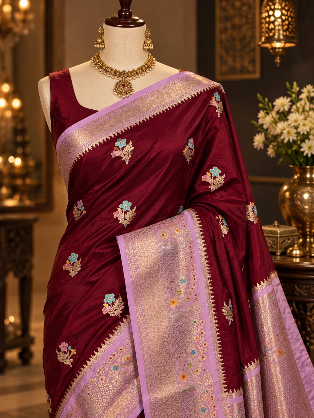 Wine Maroon Banarasi Silk Saree with Lavender Zari Border & Floral Buti
