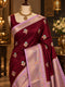 Wine Maroon Banarasi Silk Saree with Lavender Zari Border & Floral Buti